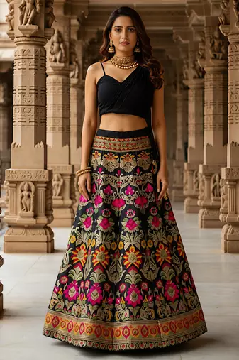 Women's  Black Silk Zari  Embroidery Work Lehenga Choli