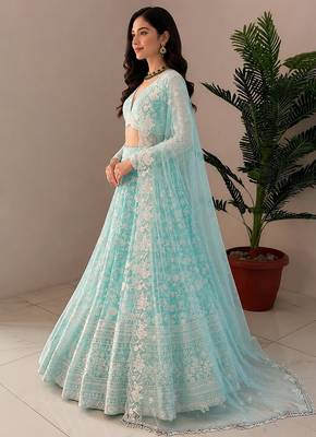 Women's Sky Blue Net Zari Embroidery Work Lehenga Choli 2
