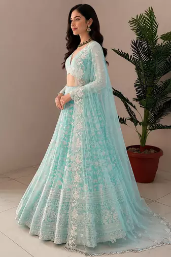 Women's Sky Blue Net Zari Embroidery Work Lehenga Choli