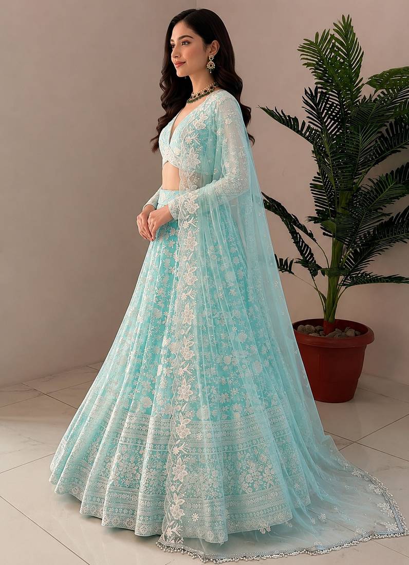 Women's Sky Blue Net Zari Embroidery Work Lehenga Choli