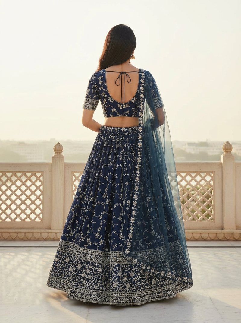 Women's  Blue Silk Georgette Embroidery Work Lehenga Choli