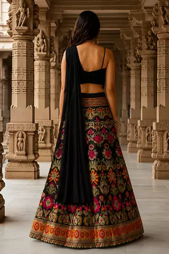 Women's  Black Silk Zari  Embroidery Work Lehenga Choli