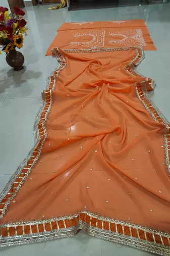 ORANGE EMBROIDERED GEORGETTE HIT LEHENGA CHOLI WITH DUPATTA