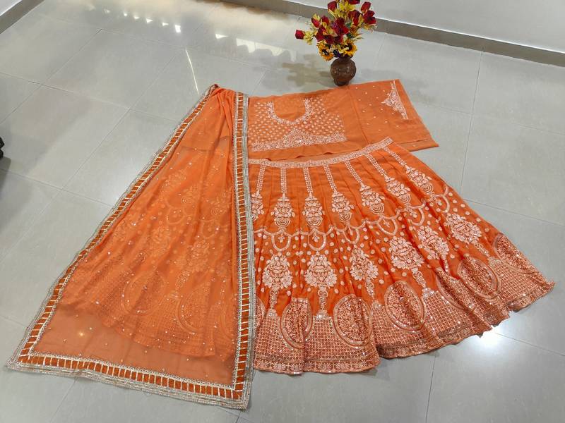 ORANGE EMBROIDERED GEORGETTE HIT LEHENGA CHOLI WITH DUPATTA