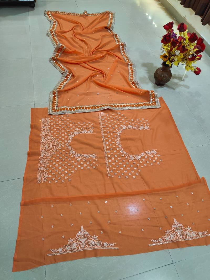 ORANGE EMBROIDERED GEORGETTE HIT LEHENGA CHOLI WITH DUPATTA