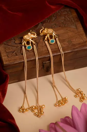 Kashmiri Gold Plated Elephant Long Chain Tassel Earrings for Women | Traditional Statement Dangler Earrings