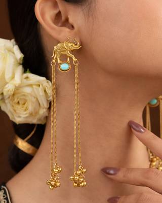 Kashmiri Gold Plated Elephant Long Chain Tassel Earrings for Women | Traditional Statement Dangler Earrings 2