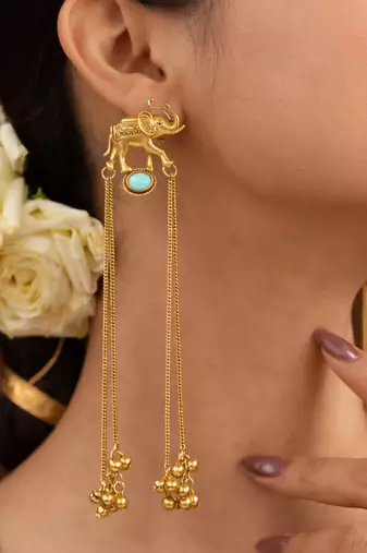 Kashmiri Gold Plated Elephant Long Chain Tassel Earrings for Women | Traditional Statement Dangler Earrings