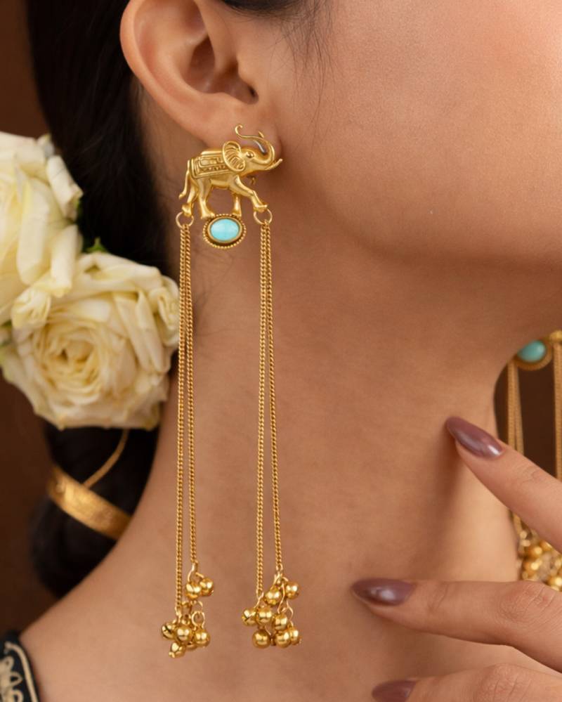 Kashmiri Gold Plated Elephant Long Chain Tassel Earrings for Women | Traditional Statement Dangler Earrings