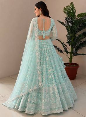 Women's Sky Blue Net Zari Embroidery Work Lehenga Choli 3