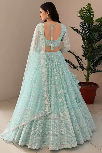 Women's Sky Blue Net Zari Embroidery Work Lehenga Choli