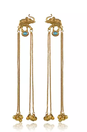 Kashmiri Gold Plated Elephant Long Chain Tassel Earrings for Women | Traditional Statement Dangler Earrings