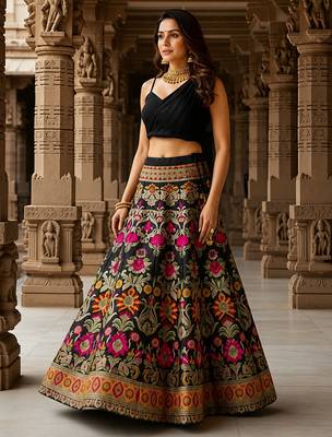 Women's  Black Silk Zari  Embroidery Work Lehenga Choli 4