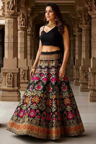 Women's  Black Silk Zari  Embroidery Work Lehenga Choli