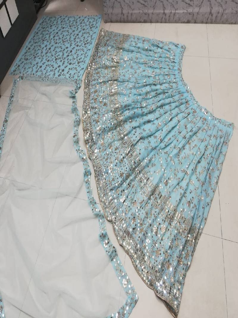 SKYBLUE EMBROIDERED GEORGETTE FLAIRED LEHENGA CHOLI WITH DUPATTA
