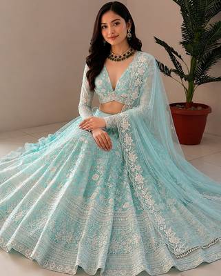 Women's Sky Blue Net Zari Embroidery Work Lehenga Choli 4