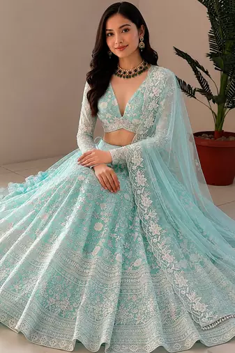 Women's Sky Blue Net Zari Embroidery Work Lehenga Choli