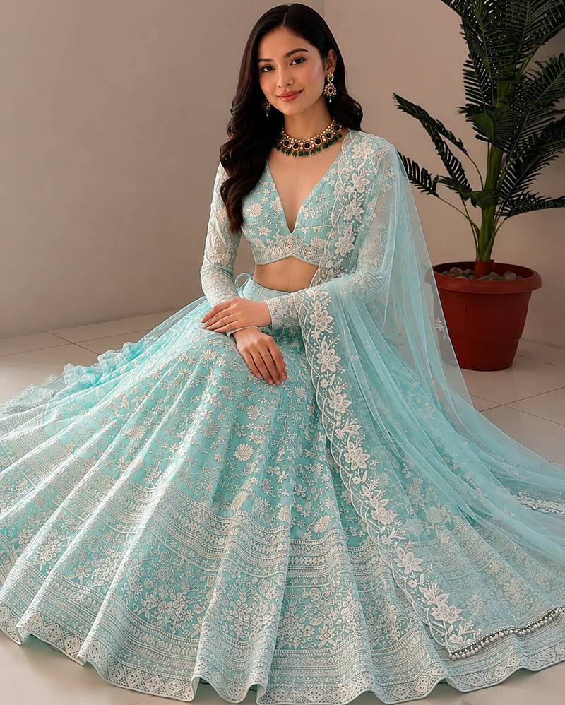 Women's Sky Blue Net Zari Embroidery Work Lehenga Choli