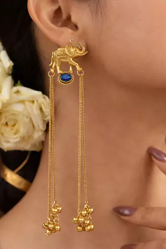 Kashmiri Gold Plated Elephant Long Chain Tassel Earrings for Women | Traditional Statement Dangler Earrings