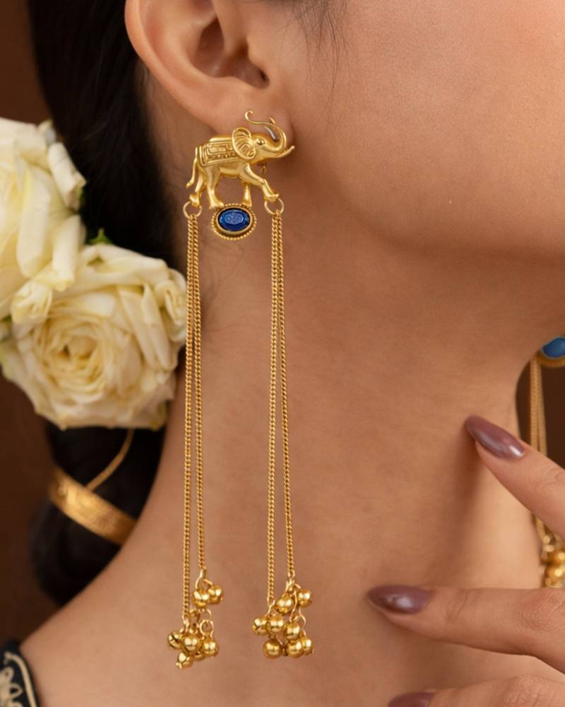 Kashmiri Gold Plated Elephant Long Chain Tassel Earrings for Women | Traditional Statement Dangler Earrings