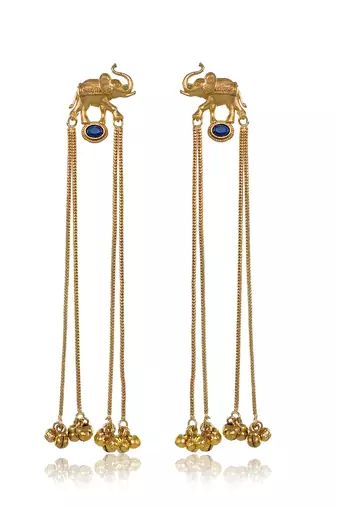 Kashmiri Gold Plated Elephant Long Chain Tassel Earrings for Women | Traditional Statement Dangler Earrings