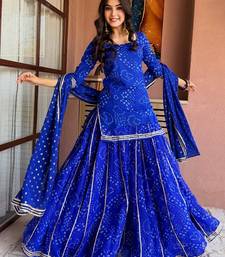 Blue georgette silk printed kurta sharara set with georgette dupatta