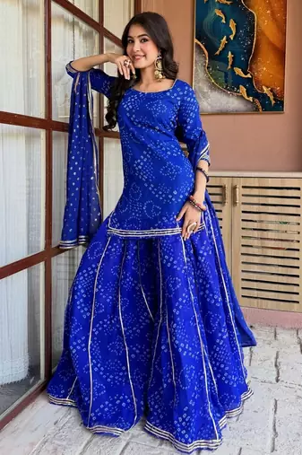 Blue georgette silk printed kurta sharara set with georgette dupatta