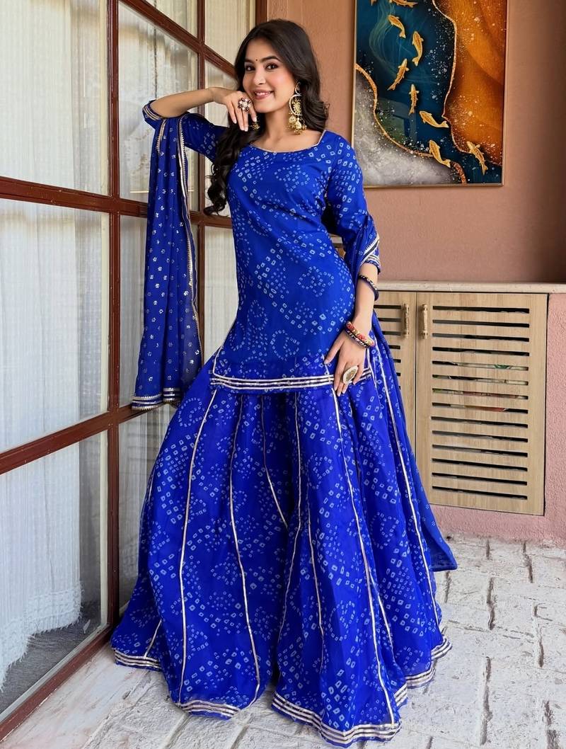 Blue georgette silk printed kurta sharara set with georgette dupatta
