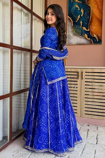 Blue georgette silk printed kurta sharara set with georgette dupatta