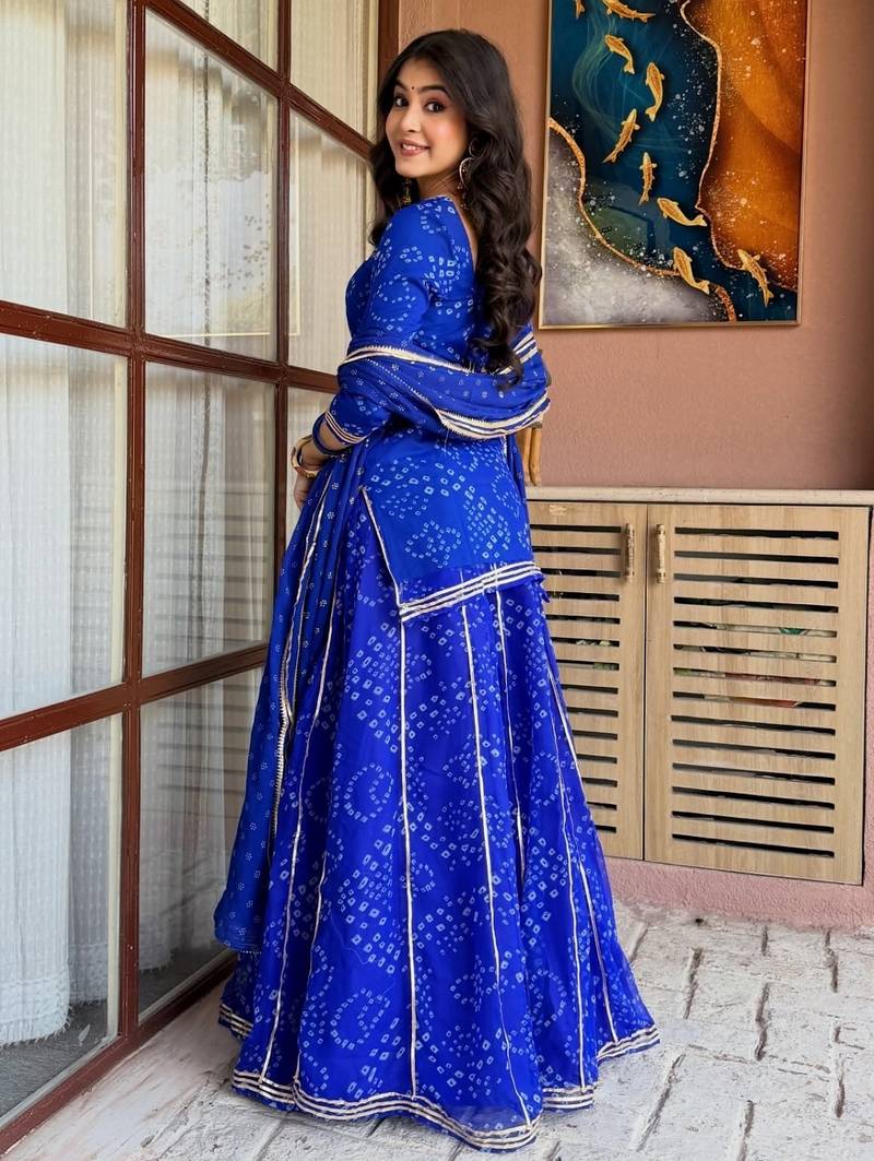 Blue georgette silk printed kurta sharara set with georgette dupatta