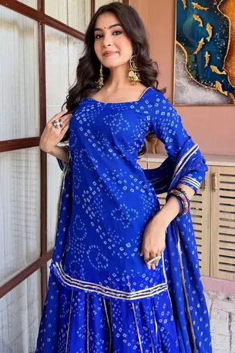 Blue georgette silk printed kurta sharara set with georgette dupatta