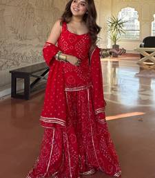 Red georgette silk blend printed kurta sharara set with georgette dupatta