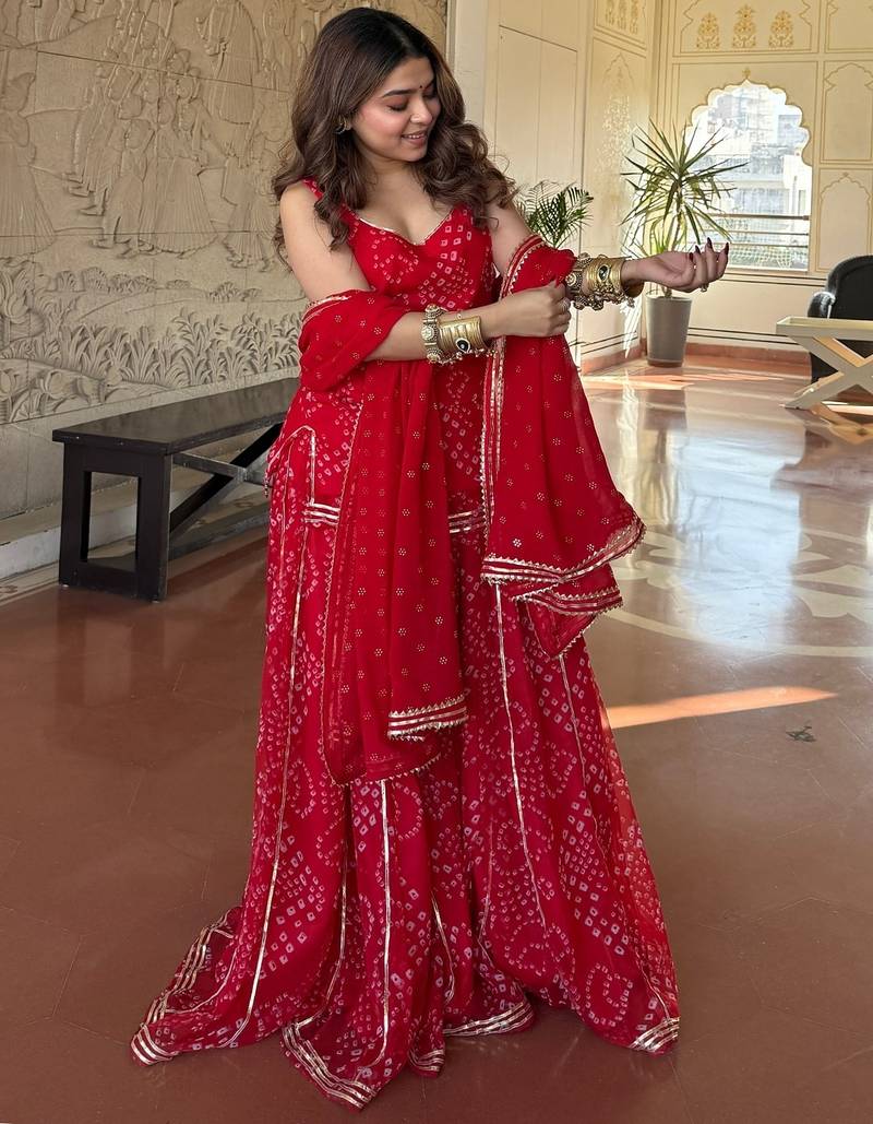Red georgette silk blend printed kurta sharara set with georgette dupatta