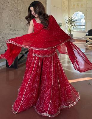 Red georgette silk blend printed kurta sharara set with georgette dupatta 4