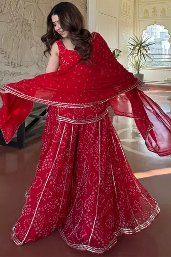 Red georgette silk blend printed kurta sharara set with georgette dupatta