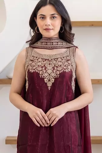 Maroon fendy satin embroidered kurta sharara set with fendy satin dupatta