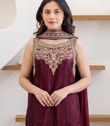 Maroon fendy satin embroidered kurta sharara set with fendy satin dupatta