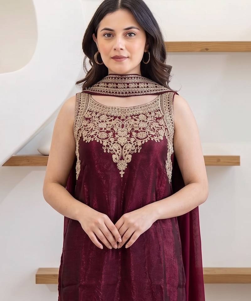 Maroon fendy satin embroidered kurta sharara set with fendy satin dupatta
