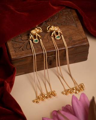 Kashmiri Gold Plated Elephant Long Chain Tassel Earrings for Women | Traditional Statement Dangler Earrings 1