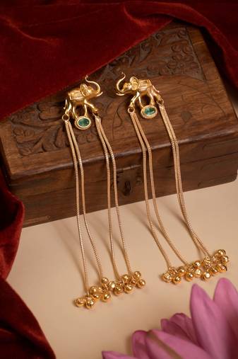Kashmiri Gold Plated Elephant Long Chain Tassel Earrings for Women | Traditional Statement Dangler Earrings