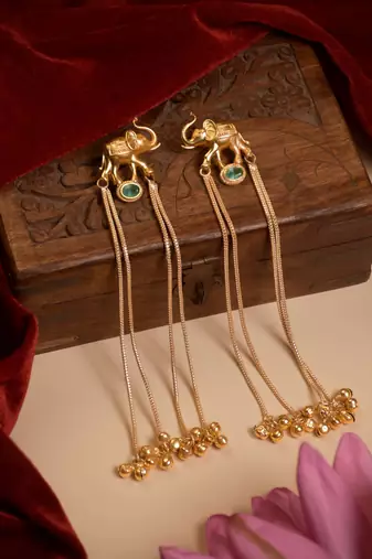 Kashmiri Gold Plated Elephant Long Chain Tassel Earrings for Women | Traditional Statement Dangler Earrings