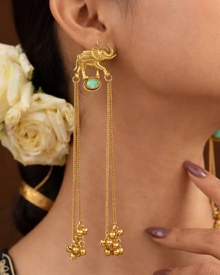 Kashmiri Gold Plated Elephant Long Chain Tassel Earrings for Women | Traditional Statement Dangler Earrings 2