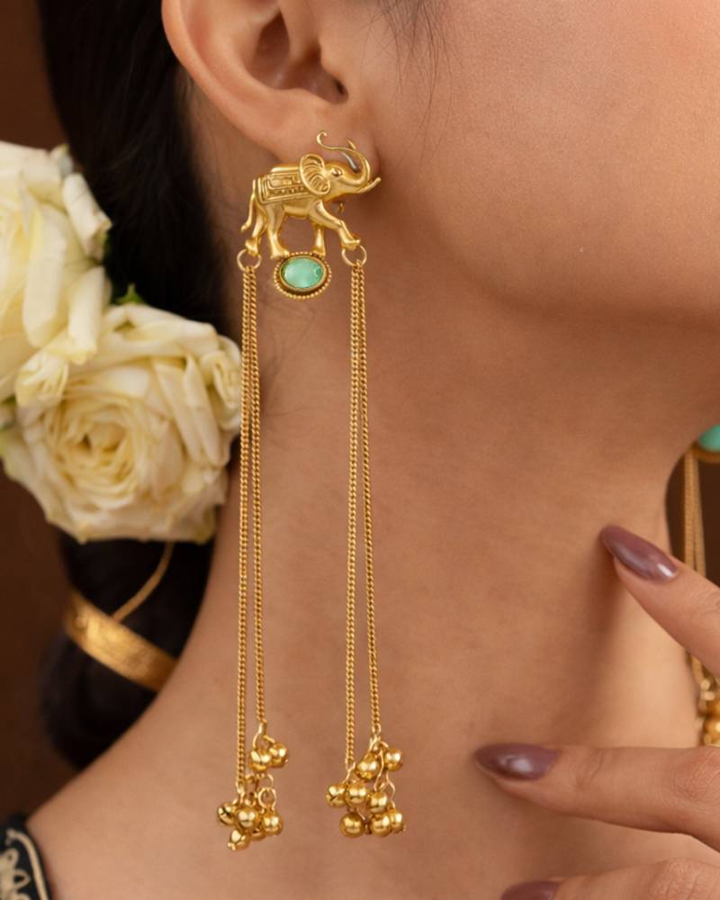 Kashmiri Gold Plated Elephant Long Chain Tassel Earrings for Women | Traditional Statement Dangler Earrings