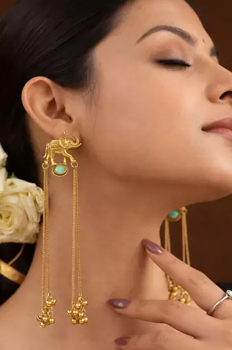 Kashmiri Gold Plated Elephant Long Chain Tassel Earrings for Women | Traditional Statement Dangler Earrings