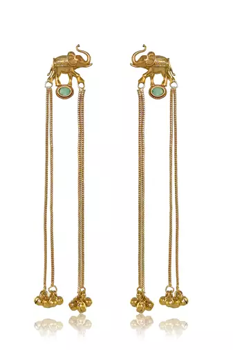 Kashmiri Gold Plated Elephant Long Chain Tassel Earrings for Women | Traditional Statement Dangler Earrings