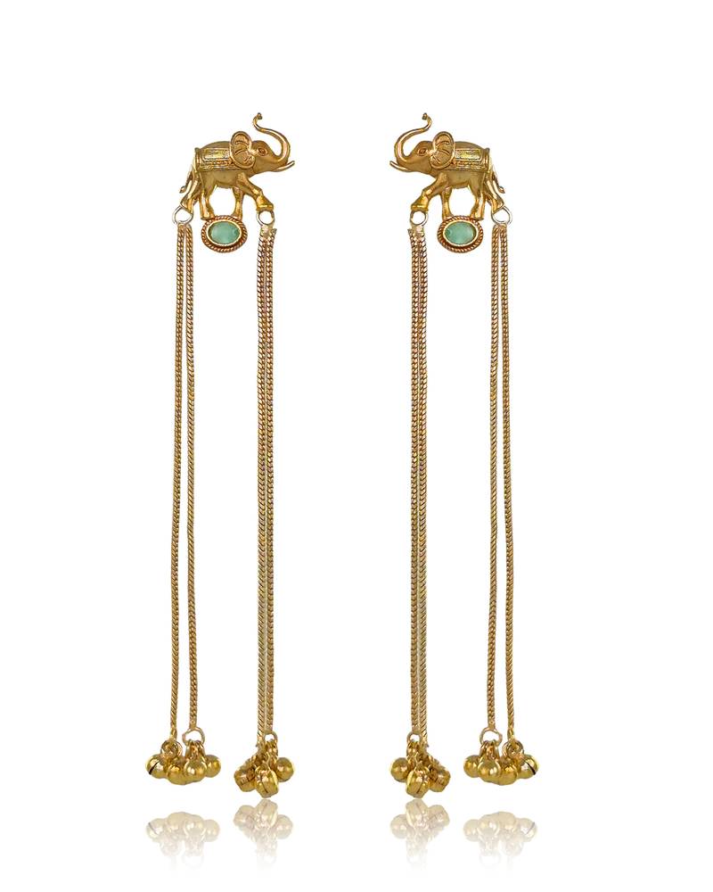 Kashmiri Gold Plated Elephant Long Chain Tassel Earrings for Women | Traditional Statement Dangler Earrings