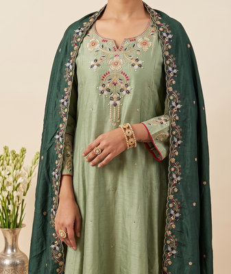 Pista shimmer silk embroidered kurta plaza set with cotton chanderi dupatta 2