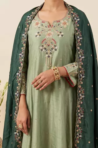 Pista shimmer silk embroidered kurta plaza set with cotton chanderi dupatta