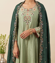 Pista shimmer silk embroidered kurta plaza set with cotton chanderi dupatta