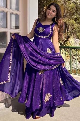 Purple fendy silk satin embroidered flared kurta plaza pant set with silk satin dupatta